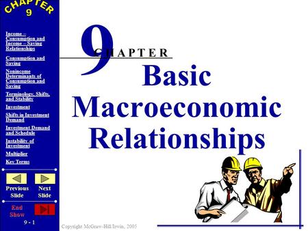 9 - 1 Copyright McGraw-Hill/Irwin, 2005 Income – Consumption and Income – Saving Relationships Consumption and Saving Nonincome Determinants of Consumption.