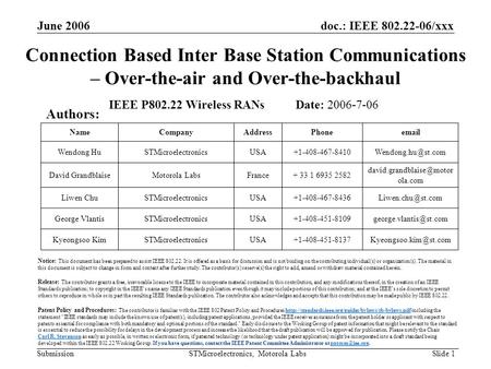 Doc.: IEEE 802.22-06/xxx Submission June 2006 STMicroelectronics, Motorola Labs Slide 1 Connection Based Inter Base Station Communications – Over-the-air.