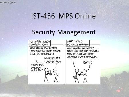 IST-456 MPS Online Security Management. Objectives understand issues, techniques and technologies for security management discuss system vulnerabilities.