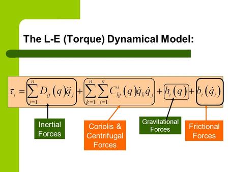 The L-E (Torque) Dynamical Model: Inertial Forces Coriolis & Centrifugal Forces Gravitational Forces Frictional Forces.