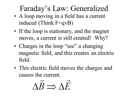 Faraday’s Law: Generalized A loop moving in a field has a current induced (Think F=qvB) If the loop is stationary, and the magnet moves, a current is still.