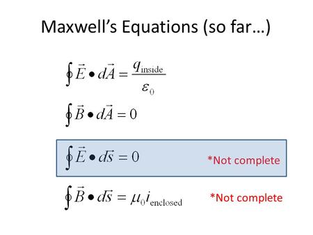 Maxwell’s Equations (so far…) *Not complete. for fields made by charges at rest. Can a distribution of static charges make this field? Electrostatic forces.