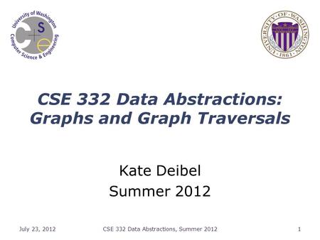 CSE 332 Data Abstractions: Graphs and Graph Traversals Kate Deibel Summer 2012 July 23, 2012CSE 332 Data Abstractions, Summer 20121.