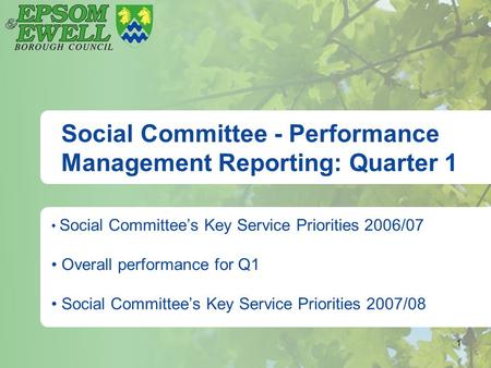 1 Social Committee - Performance Management Reporting: Quarter 1 Social Committee’s Key Service Priorities 2006/07 Overall performance for Q1 Social Committee’s.