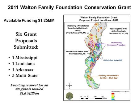 1 Mississippi 1 Louisiana 1 Arkansas 3 Multi-State Funding request for all six grants totaled $1.6 Million Six Grant Proposals Submitted: 2011 Walton Family.