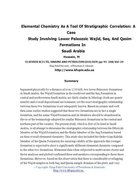 © Elemental Chemistry As A Tool Of Stratigraphic Correlation: A Case Study Involving Lower Paleozoic Wajid, Saq, And Qasim Formations In Saudi Arabia Hussain,