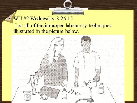 WU #2 Wednesday 8-26-15 List all of the improper laboratory techniques illustrated in the picture below.