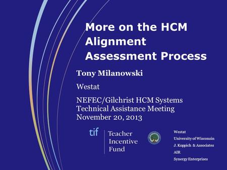 Westat University of Wisconsin J. Koppich & Associates AIR Synergy Enterprises Tony Milanowski Westat NEFEC/Gilchrist HCM Systems Technical Assistance.