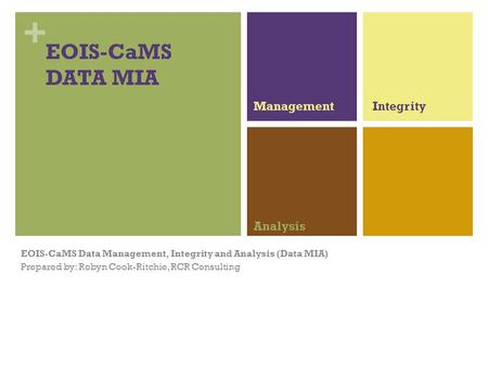 + EOIS-CaMS DATA MIA EOIS-CaMS Data Management, Integrity and Analysis (Data MIA) Prepared by: Robyn Cook-Ritchie, RCR Consulting ManagementIntegrity Analysis.