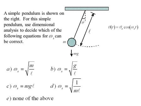 A simple pendulum is shown on the right. For this simple pendulum, use dimensional analysis to decide which of the following equations for can be correct.