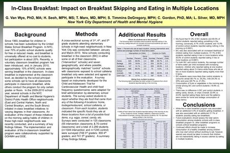 In-Class Breakfast: Impact on Breakfast Skipping and Eating in Multiple Locations G. Van Wye, PhD, MA; H. Seoh, MPH, MS; T. Marx, MD, MPH; S. Timmins DeGregory,