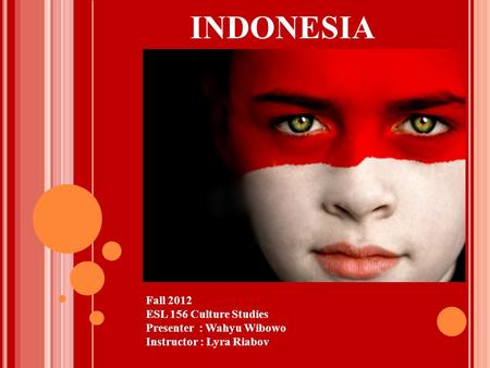 INDONESIA Fall 2012 ESL 156 Culture Studies Presenter : Wahyu Wibowo Instructor : Lyra Riabov.