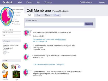 Facebook Cell Membrane (Plasma Membrane) WallPhotosMeSourcesCell MembraneLogout View photos of CM (3) Send CM a message Poke Wall InfoPhotosBoxes Write.