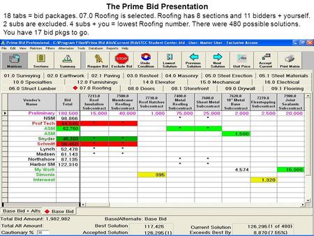 The Prime Bid Presentation 18 tabs = bid packages. 07.0 Roofing is selected. Roofing has 8 sections and 11 bidders + yourself. 2 subs are excluded. 4 subs.