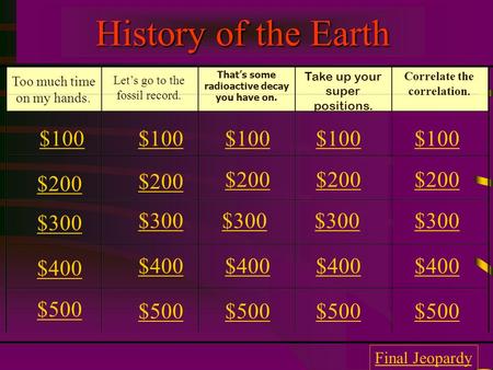 History of the Earth Too much time on my hands. Let’s go to the fossil record. That’s some radioactive decay you have on. Take up your super positions.