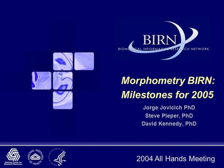 2004 All Hands Meeting Morphometry BIRN: Milestones for 2005 Jorge Jovicich PhD Steve Pieper, PhD David Kennedy, PhD.