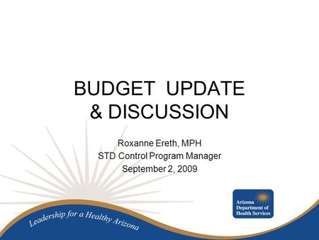 BUDGET UPDATE & DISCUSSION Roxanne Ereth, MPH STD Control Program Manager September 2, 2009.