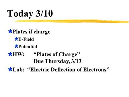 Today 3/10  Plates if charge  E-Field  Potential  HW:“Plates of Charge” Due Thursday, 3/13  Lab: “Electric Deflection of Electrons”