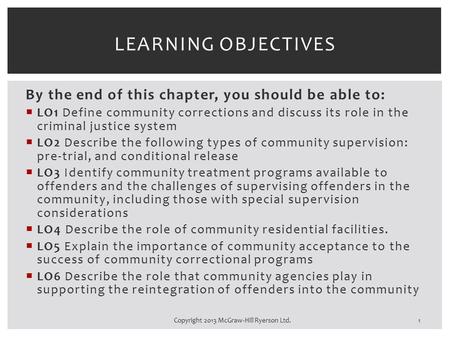 By the end of this chapter, you should be able to:  LO1 Define community corrections and discuss its role in the criminal justice system  LO2 Describe.