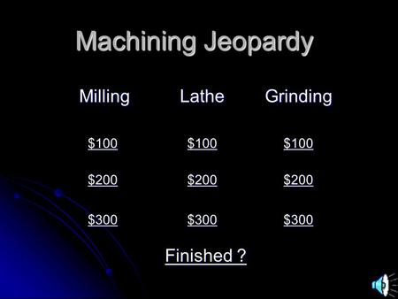 Machining Jeopardy MillingLatheGrinding $100 $200 $300 Finished ? Finished ?