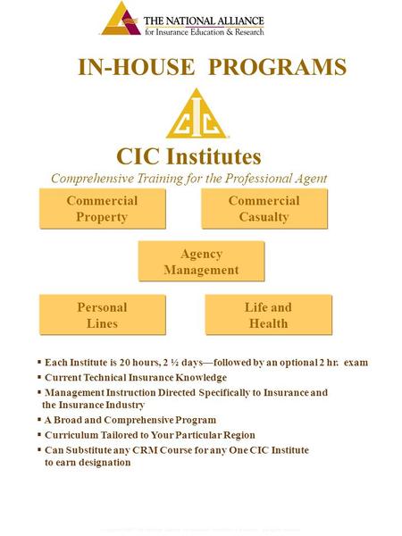 Copyright 2002. The National Alliance for Insurance Education & Research. All rights reserved. IN-HOUSE PROGRAMS CIC Institutes Comprehensive Training.