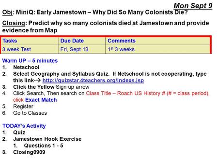 Mon Sept 9 TasksDue DateComments 3 week TestFri, Sept 131 st 3 weeks Warm UP – 5 minutes 1.Netschool 2.Select Geography and Syllabus Quiz. If Netschool.