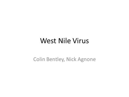 West Nile Virus Colin Bentley, Nick Agnone. What is the west Nile virus? The west Nile virus is a microscopic organism that has causes outbreaks of deadly.