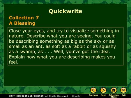 Quickwrite Collection 7 A Blessing Close your eyes, and try to visualize something in nature. Describe what you are seeing. You could be describing something.