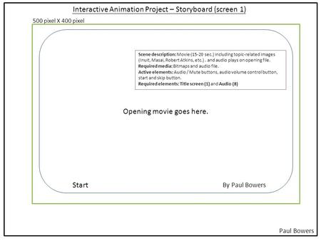 Interactive Animation Project – Storyboard (screen 1) Opening movie goes here. 500 pixel X 400 pixel Start Paul Bowers By Paul Bowers Scene description: