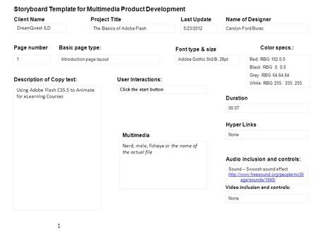 Using Adobe Flash CS5.5 to Animate for eLearning Courses Storyboard Template for Multimedia Product Development Client NameProject TitleLast UpdateName.