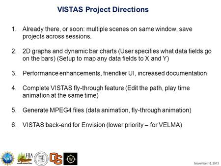 November 15, 2013 1.Already there, or soon: multiple scenes on same window, save projects across sessions. 2.2D graphs and dynamic bar charts (User specifies.