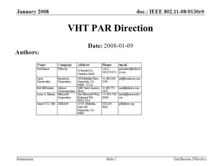 Doc.: IEEE 802.11-08/0130r0 Submission January 2008 Gal Basson (Wilocity)Slide 1 VHT PAR Direction Date: 2008-01-09 Authors: