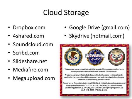 Cloud Storage Dropbox.com 4shared.com Soundcloud.com Scribd.com Slideshare.net Mediafire.com Megaupload.com Google Drive (gmail.com) Skydrive (hotmail.com)