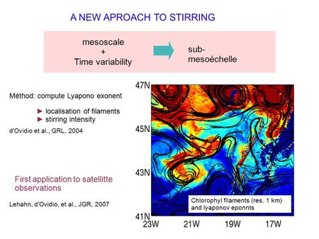 A NEW APROACH TO STIRRING Lehahn, d'Ovidio, et al., JGR, 2007 Méthod: compute Lyapono exonent d'Ovidio et al., GRL, 2004 sub- mesoéchelle ► localisation.