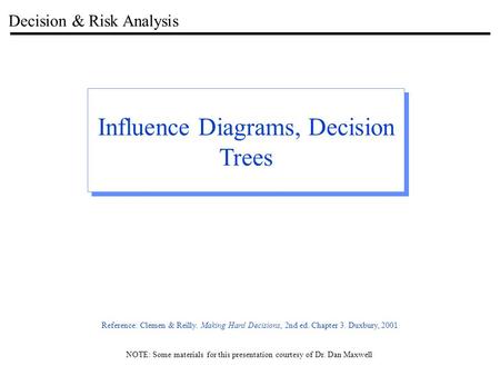 Decision & Risk Analysis Influence Diagrams, Decision Trees NOTE: Some materials for this presentation courtesy of Dr. Dan Maxwell Reference: Clemen &