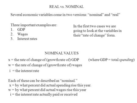 REAL vs. NOMINAL Several economic variables come in two versions: “nominal” and “real” Three important examples are: 1.GDP 2.Wages 3.Interest rates In.