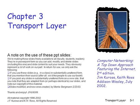 Transport Layer3-1 Chapter 3 Transport Layer Computer Networking: A Top Down Approach Featuring the Internet, 2 nd edition. Jim Kurose, Keith Ross Addison-Wesley,