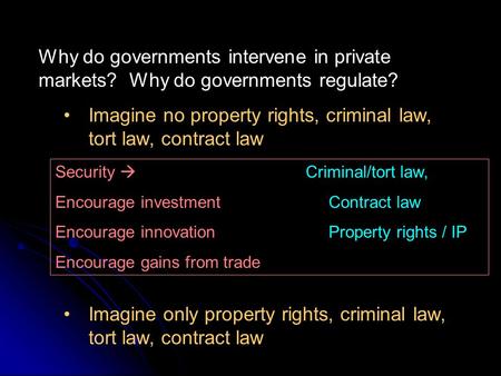 Why do governments intervene in private markets? Why do governments regulate? Imagine no property rights, criminal law, tort law, contract law Imagine.