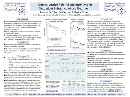 Criminal Justice Referral and Incentives in Outpatient Substance Abuse Treatment Anthony DeFulio 1, Paul Nuzzo 2, & Maxine Stitzer 1 1 – Johns Hopkins.