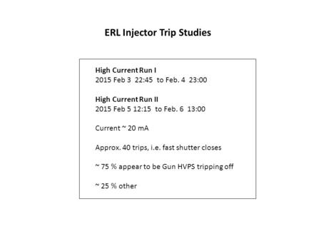 High Current Run I 2015 Feb 3 22:45 to Feb. 4 23:00 High Current Run II 2015 Feb 5 12:15 to Feb. 6 13:00 Current ~ 20 mA Approx. 40 trips, i.e. fast shutter.