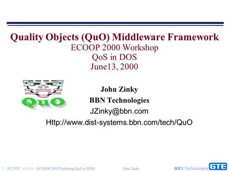 1 06/2000 10/21/2015 ECOOP 2000 Workshop QoS in DOSJohn Zinky BBN Technologies Quality Objects (QuO) Middleware Framework ECOOP 2000 Workshop QoS in DOS.