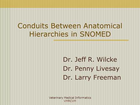 Veterinary Medical Informatics VMRCVM Conduits Between Anatomical Hierarchies in SNOMED Dr. Jeff R. Wilcke Dr. Penny Livesay Dr. Larry Freeman.