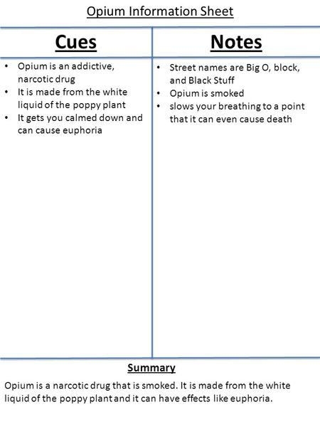 Summary CuesNotes Opium Information Sheet Opium is an addictive, narcotic drug It is made from the white liquid of the poppy plant It gets you calmed down.