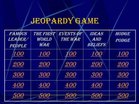 Jeopardy game Famous leader/ people The first World War Events of the War Ideas and beliefs Hodge Podge 100 200 300 400 500.