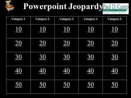 Powerpoint Jeopardy Category 1Category 2Category 3Category 4Category 5 10 20 30 40 50.