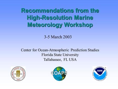 Recommendations from the High-Resolution Marine Meteorology Workshop 3-5 March 2003 Center for Ocean-Atmospheric Prediction Studies Florida State University.