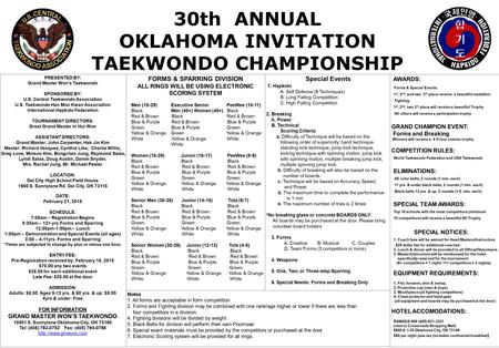 Special Events 1. Hapkido A. Self Defense (6 Techniques) B. Long Falling Competition C. High Falling Competition 2. Breaking A. Power B. Technical Scoring.