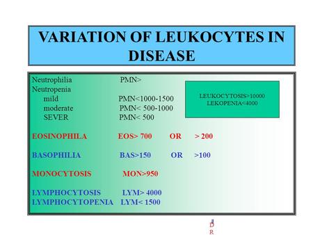 VARIATION OF LEUKOCYTES IN DISEASE Neutrophilia PMN> Neutropenia mild PMN 700 OR > 200.