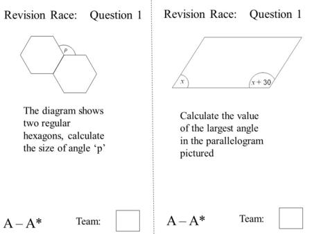 Revision Race: Question 1 Team: A – A* Revision Race: Question 1 Team: A – A* P The diagram shows two regular hexagons, calculate the size of angle ‘p’