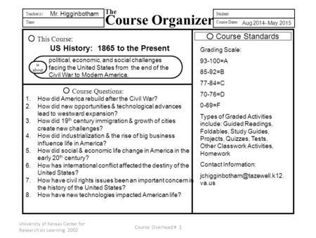 University of Kansas Center for Research on Learning 2002 Course Overhead # 1 Teacher(s): Time: The Course Organizer Student: Course Dates: This Course: